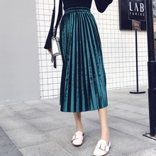 Высокая эластичность плиссированные юбки Осенняя корейская мода винтажная бархатная тонкая талия трапециевидная длинная юбка черная saia longa B233