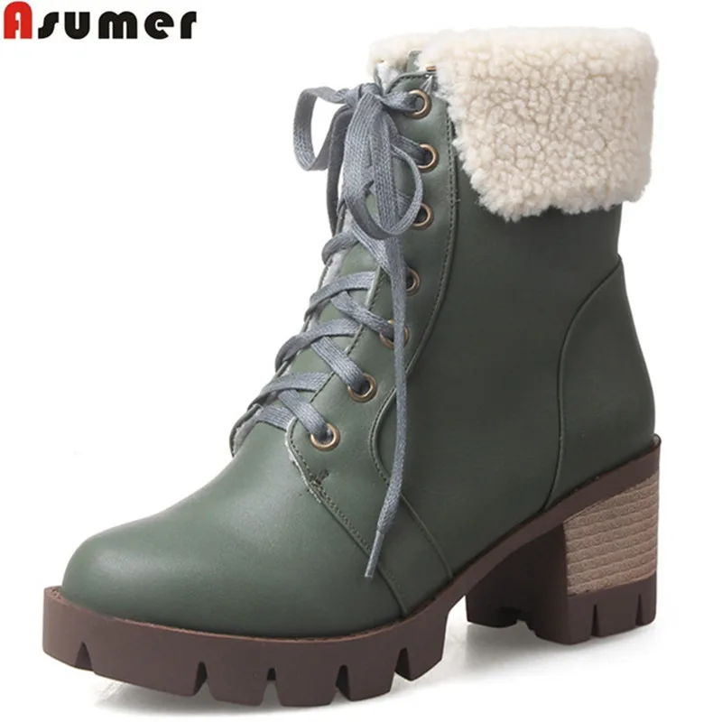 

ASUMER 2020 hot sale new arrive women boots fashion lace up snow boots square heel simple comfortable ankle boots big size 33-43