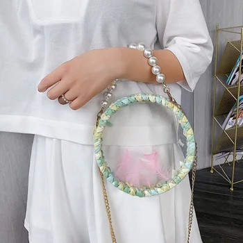 

Ladies Fashion Round Pearls Shoulder Messenger Handbags PVC Casual Woven Bags Women Transparent Chain Crossbody Top-handle Bags