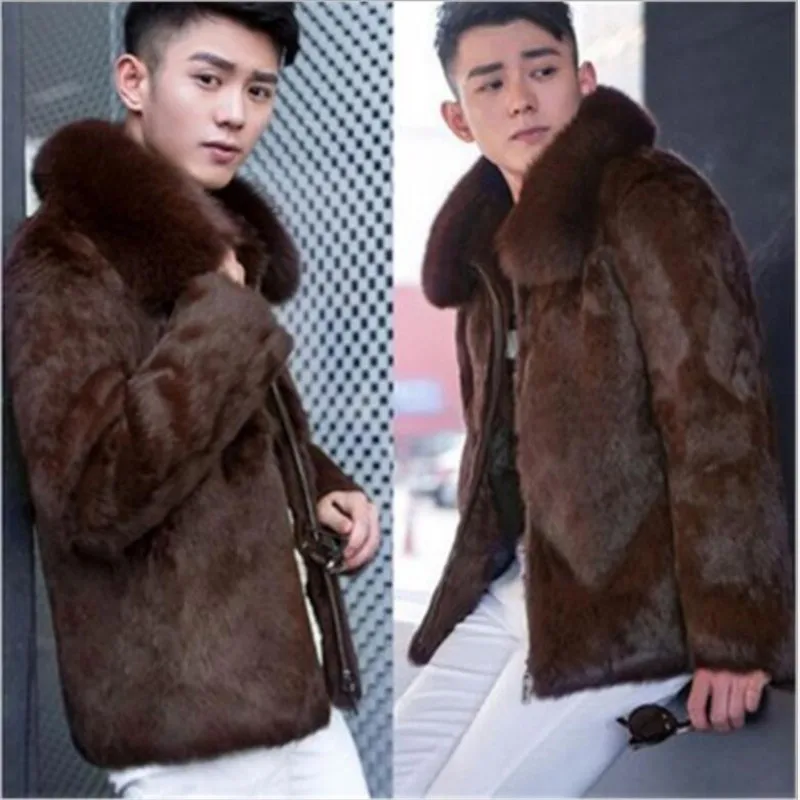 

Black&Coffee Cool Winter Warm Faux Fur Coat Thicken High quality Faux Rabbit wool Men's Faux Fur outwear 2017 Cheapest