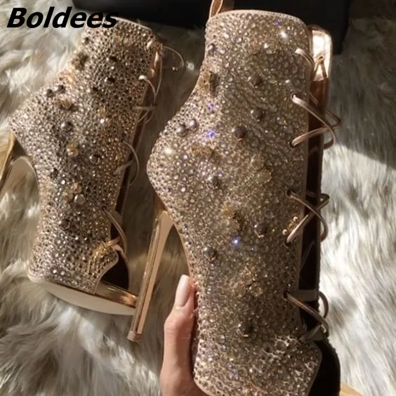 

Chic Golden Women Bling Bling Crystal Stiletto Heel Ankle Boots Glittering Peep Toe Lace Up Dress Sandal Booties New Arrival