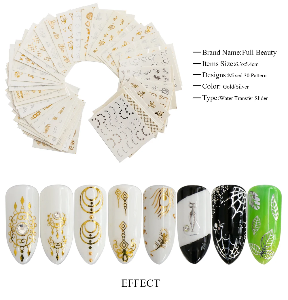

30 Sheets Water Transfer Nail Sticker Random Gold Silver Fame Nail Sticker Flower Butterfly Series Sticker Nail Decoration