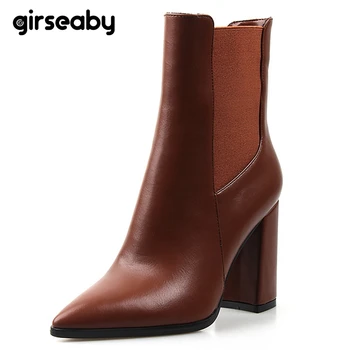

Girseaby Fashion Ankle boots Women shoes Pointed toe High Square Heel botas Mujer botte Femme western booties footwear Elastic