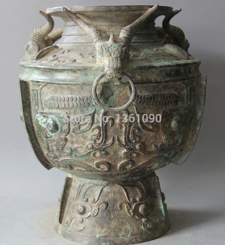 

xd 00413 15" Archaic Chinese Dynasty Bronze Sheep Wine Ware Vessel Vase Pot Jar Crock