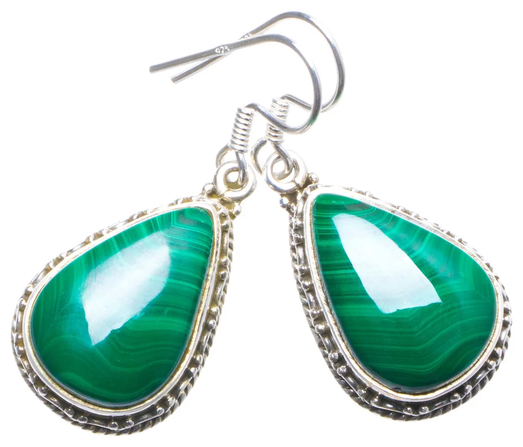 

Natural Malachite Handmade Unique 925 Sterling Silver Earrings 1.25" X4443