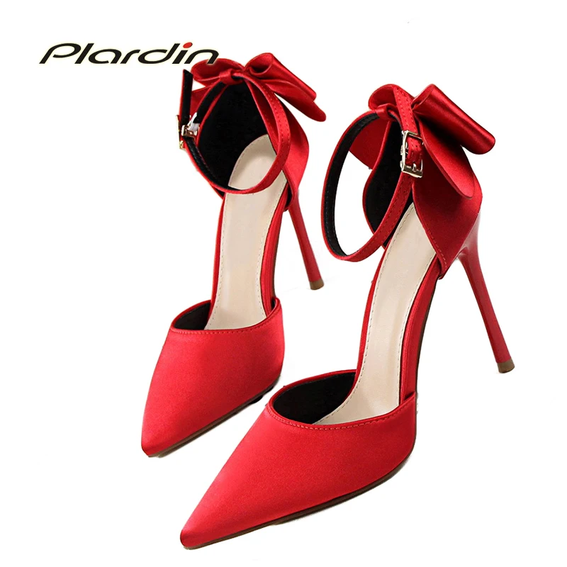 

Plardin Plus Size 34-43 Shoes Woman Sweet Ankle Strap Butterfly-knot Shallow Pointed Toe D'Orsay&Two-pieceThin Heels Woman Pumps