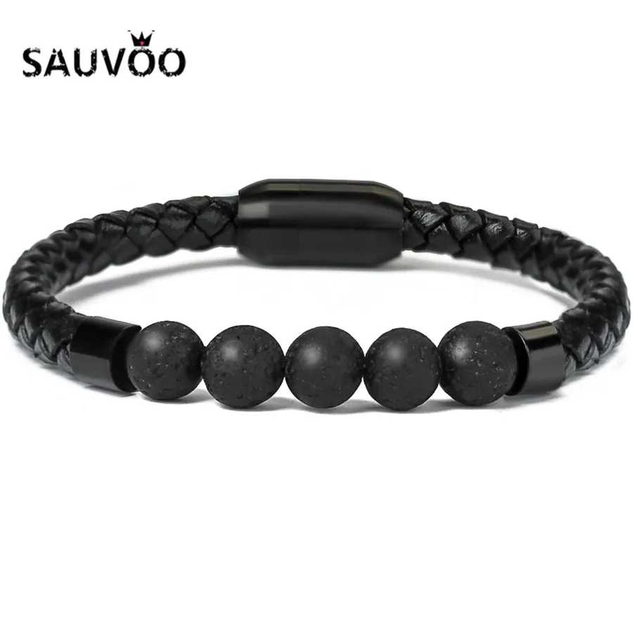

SAUVOO Black Color Men Stainless Steel Magnetic Clasps Lether Bracelet 2018 Adjustable Natural Lava Stone Bead Charm Bracelets