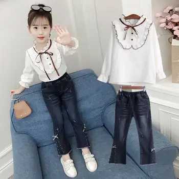 

2019 Fashion Kids Spring Autumn Clothes Girl Casual Clothing Sets Children Outfit Frill Bow Shirt Tops + Skinny Denim Pants W65