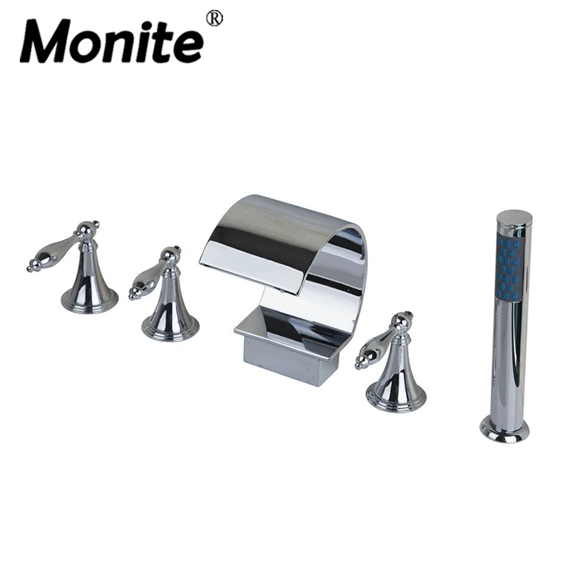 

Bathtub Mixer Chrome Bathtub Bathroom Faucet 5 PCS Set Waterfall Faucets Mixers & Taps Deck Mounted 3 Handles Taps