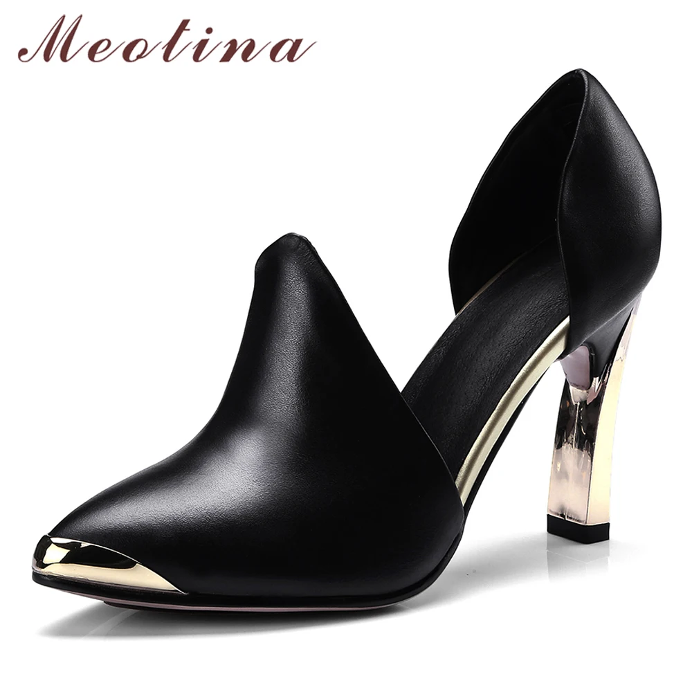 

Meotina High Heels Shoes Women Natural Cow Leather Thick High Heel Two Piece Shoes Genuine Leather Pointed Pumps Lady Size 33-41