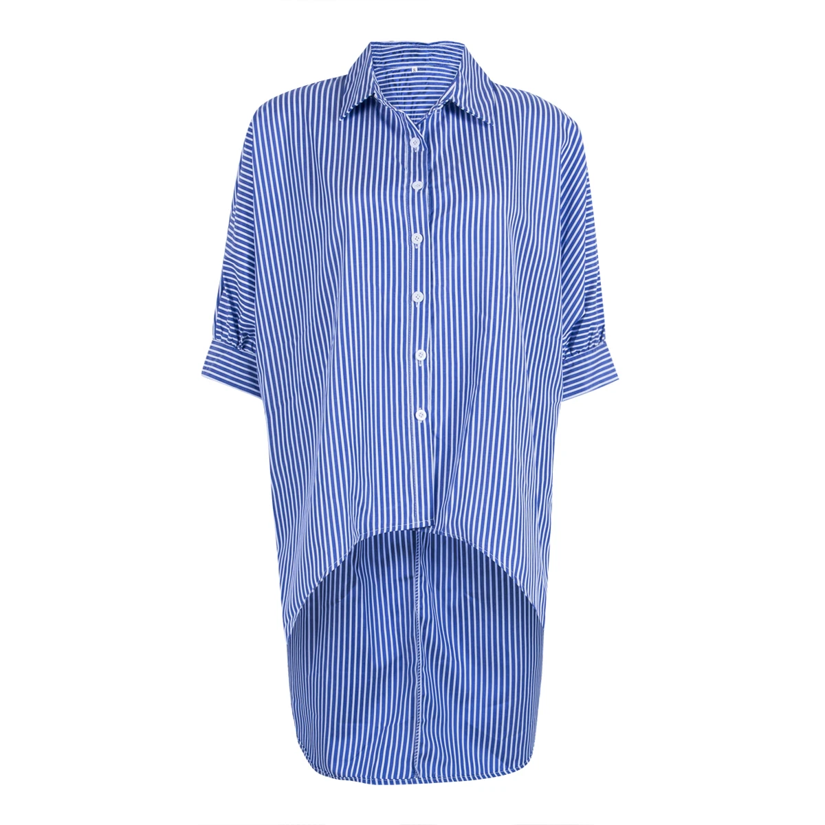 Новая модная женская Свободная блузка с рукавом средней длины, Повседневная рубашка, полосатые топы, рубашки, элегантная мягкая летняя длинная одежда - Цвет: Синий