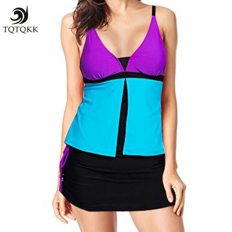 

2019 Women Tankini Set Summer 2 Piece Colorblock Tankini Skort Push Up Swimsuit Sport Swimwear Plus Size Bathing Suit Beach XXXL