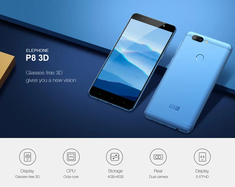 ELEPHONE P8 3D 4GB RAM 64GB ROM MTK6750T 1.5GHz Octa Core 5.5 Inch Glasses-free 3D Sharp FHD Screen Dual Camera Android 7.0 4G LTE Smartphone