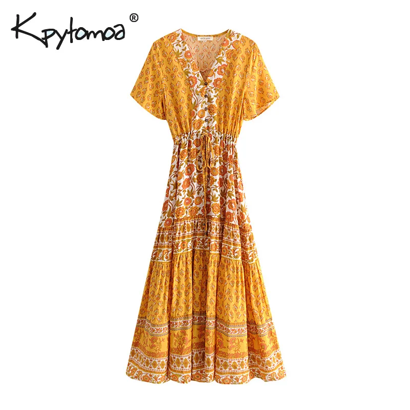 

Boho Chic Summer Vintage Floral Print Buttons Long Dress Women 2019 Fashion V Neck Lace Up Pleated Beach Dresses Vestidos Mujer