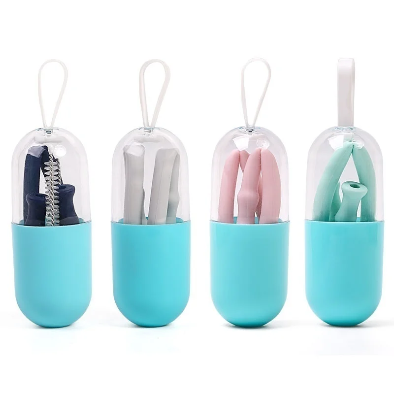 

Foldable Reusable Silicone Straws With Cleaner Brush Carrying Capsule Case Collapsible Travel Camping Folding Drinking Straw