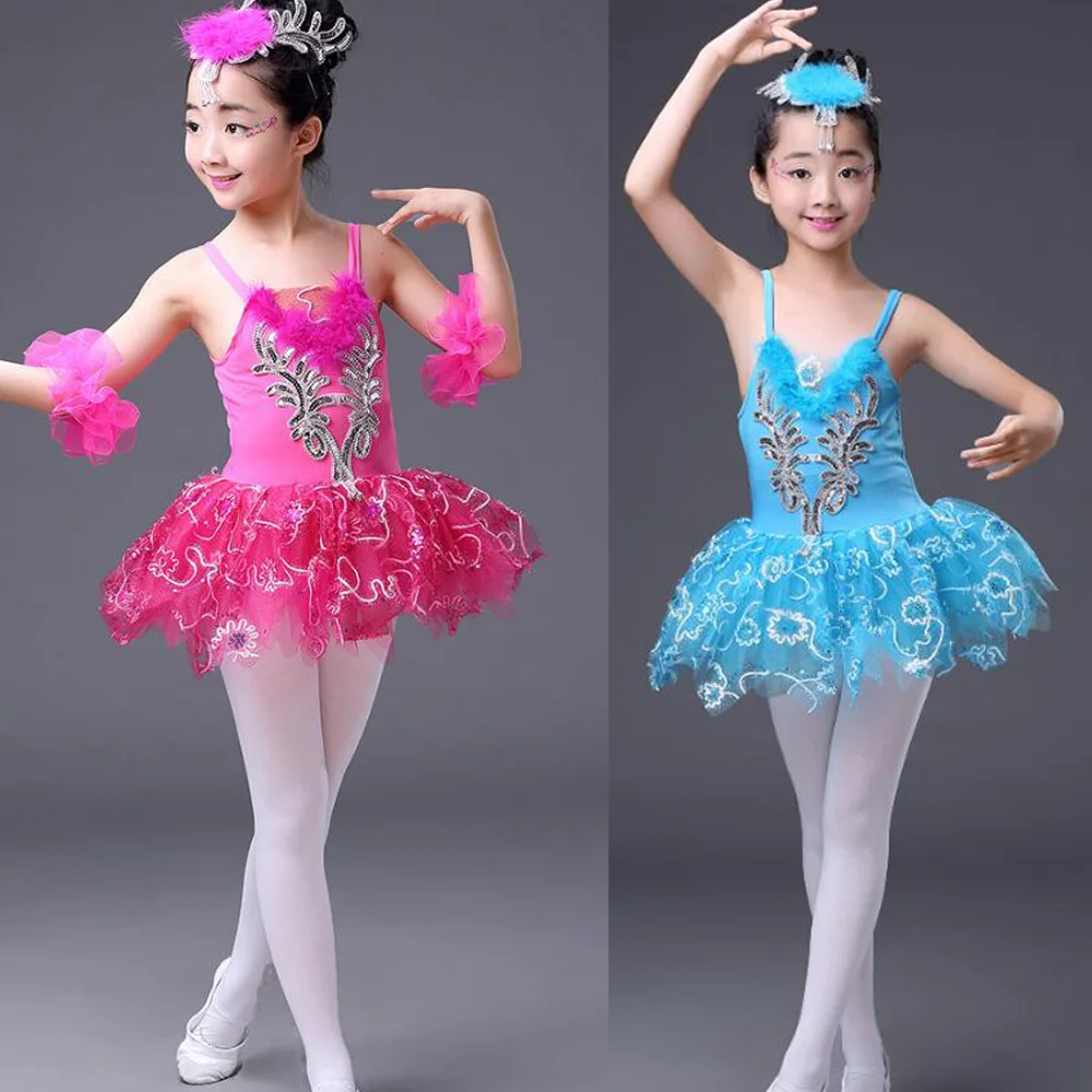 Розовое, голубое детское платье-пачка с блестками и белым лебедем, озеро, бальное платье для танцев, одежда для бальных танцев