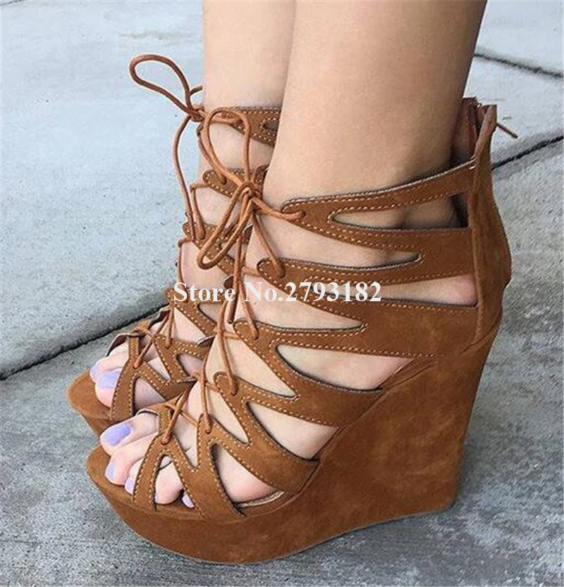 Women Sexy Fashion Open Toe Suede Leather High Platform Wedge Sandals Lace- up Brown Height Increased Wedge Sandals Dress Heels - Women's Sandals -  AliExpress