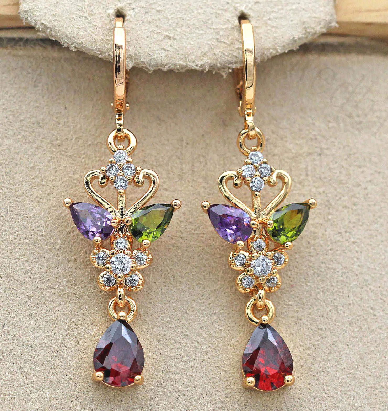 

Bohemian Earrings for Women Gold Filled Waterdrop Flower Rainbow Zircon Drop Earrings Long Butterfly Earring Wedding Jewelry