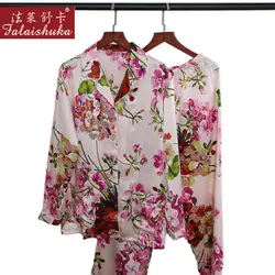 Натуральная шелковые пижамы женские летние 100% шелк тутового шелкопряда с длинным рукавом пижамы Для женщин мода печатных пижамные