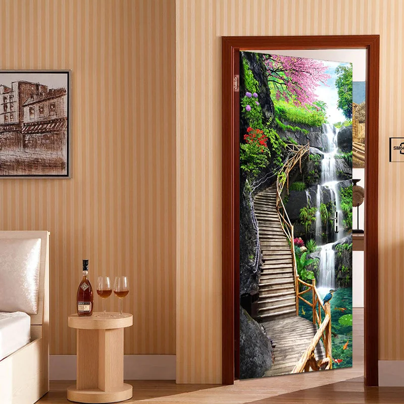 3D обои в китайском стиле водопады природа пейзаж двери Стикеры фото настенные фрески ПВХ самоклеющиеся водонепроницаемые 3D домашний декор
