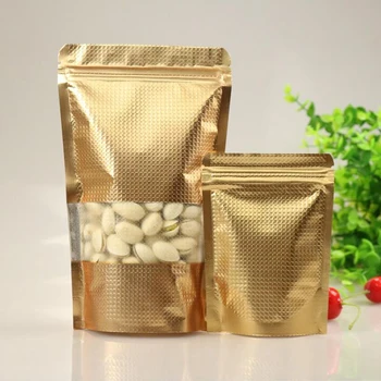

100Pcs Stand up Copper Gold Aluminum Foil Zip Lock Bag with Window, Metallic Plastic Packaging Pouch for Food Tea Candy Cookie