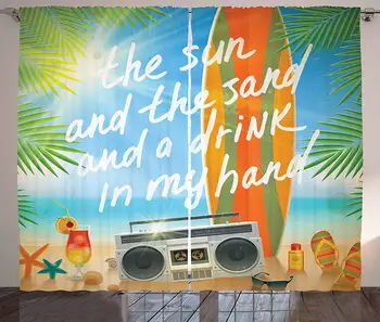 

Quote Curtains Retro Design Tropical Beach with Surfboard Palm Leaves Flip Flops and Sunglasses Living Room Bedroom Window Drape