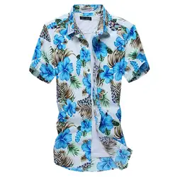 Для мужчин платье с цветочным рисунком Рубашки для мальчиков лето 2016 Slim Fit короткий рукав плюс Размеры Повседневное Camisetas Masculinas Homme Хлопок
