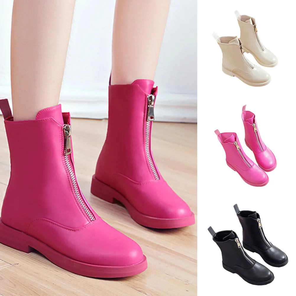 

Spring Winter Boots Brand Design Mid Calf Boots Rain Boots Pu Leather Shoes Woman Solid Rubber Waterproof Woman Boots