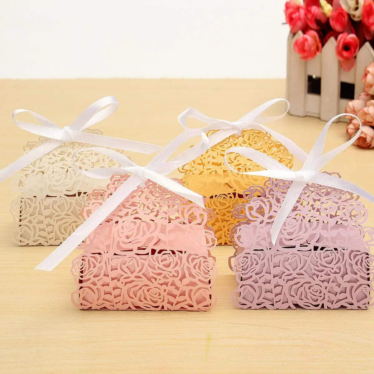 Buy 12Pcs Rose Laser Cut Candy Gift Boxes Ribbon
