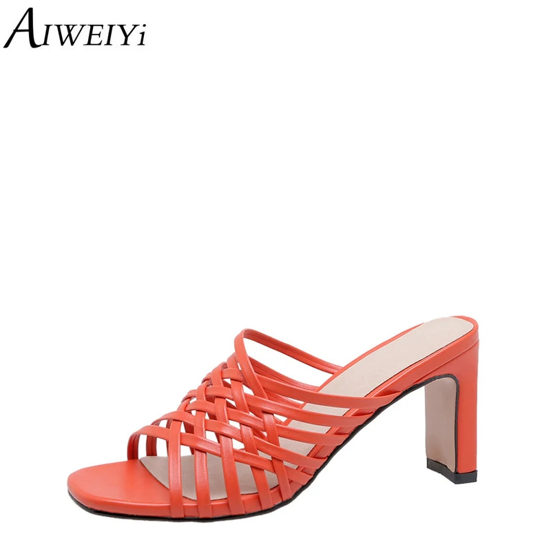 

AIWEIYi Women Slippers Orange White Square Heel High Heels Flip Flops Slip On Outside Beach Sandals Summer Gladiator Shoes