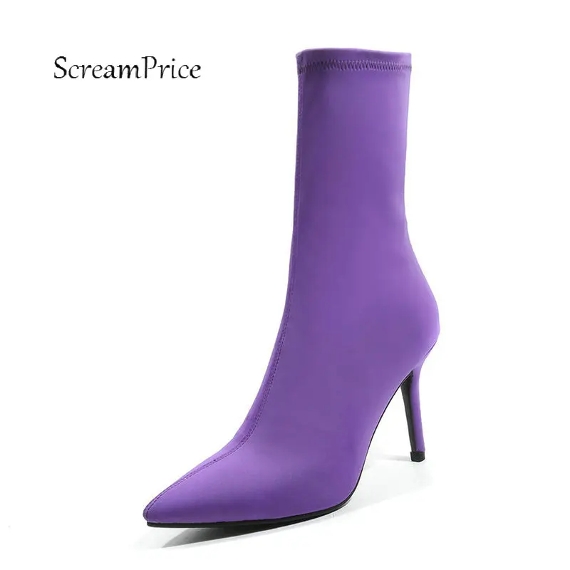 

Ladies Stretch Cloth Thin High Heel Ankle Boots Fashion Slip On Pointed Toe Booties Women Comfort Spring Autumn Shoes Black