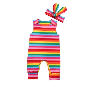 

Toddler Baby Girls Kids Romper Sleeveless Summer Striped Girl Clothing Round Neck Jumpsuit Rompers Headband 2Pcs Clothes Set