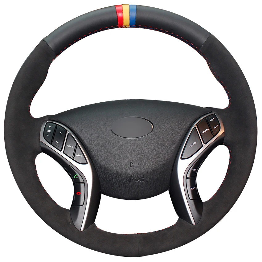 

Black Natural Leather Black Suede Red Yellow Blue Marker Steering Wheel Cover for Hyundai Elantra 2011-2016 Avante i30 2012-2016