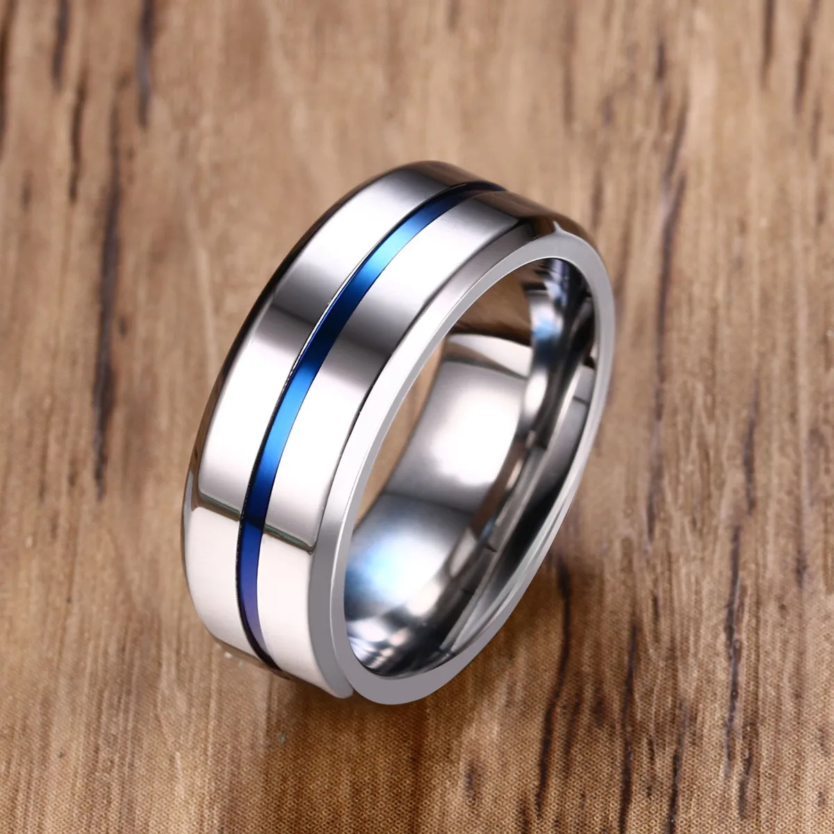 Men S 8mm Silver Thin Blue Groove Wedding Ring For Male Stainless Steel High Polish Engagement 