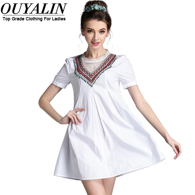 Ouyalin S 5XL Plus Size White Cotton Dress Women Ethnic Beading Short ...