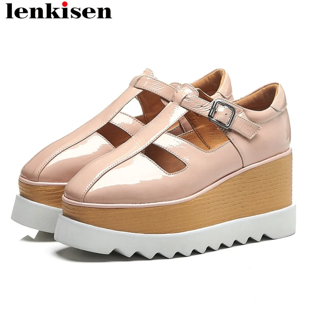 

Lenkisen European style buckle strap wedges bottom waterproof women pumps high heels square toe increased daily wear shoes L18