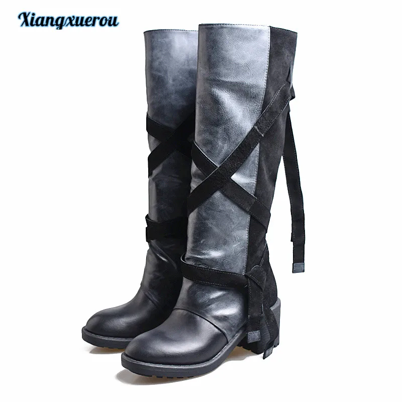 

Xiangxuerou Thick heel high heel and knee boots 2018 long calfskin color leisure sexy boots
