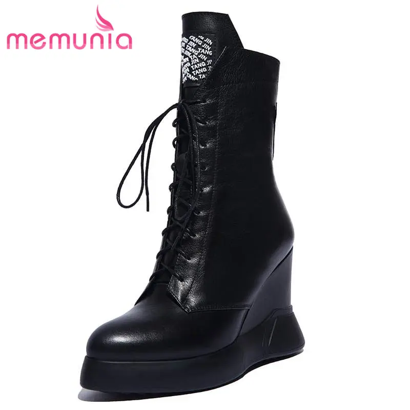

MEMUNIA PLUS SIZE 34-42 2020 HOT pointed toe ankle boots for women zipper genuine leather boots wedges platform female boots