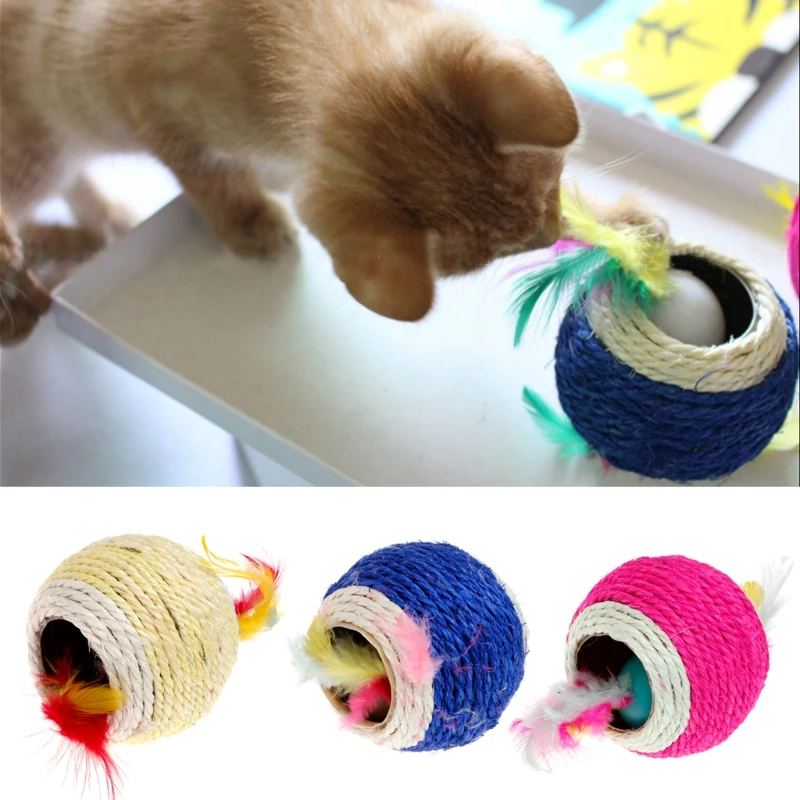 Lovely Sisal Rope Feather Balls Teaser Scratch Chew Play Toy For Pet