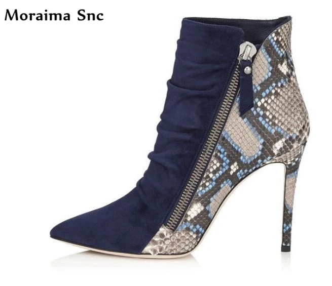 

Moraima Snc Newest fashion women pointed toe pleated snake line side zipper sexy catwalk high heel Ankle boots party shoes