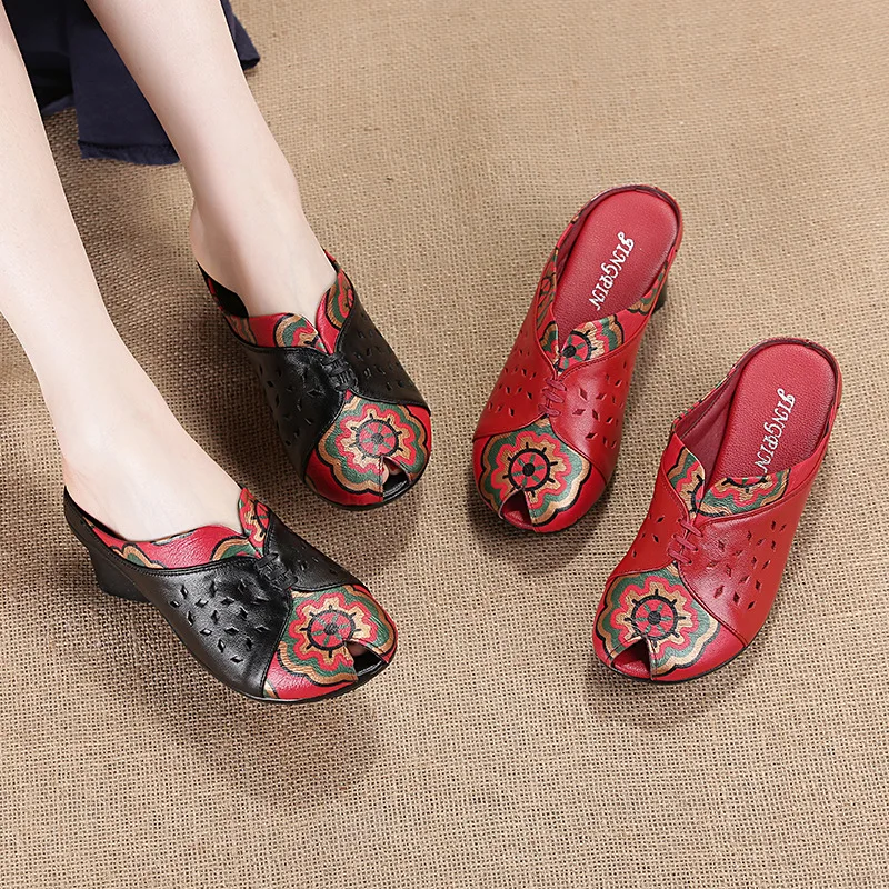 

RUSHIMAN 2009 Summer Leather Sandals with Coarse Heels Flowers Hollow Fish Mouth Sandals with Mother's Sandals size 35-41