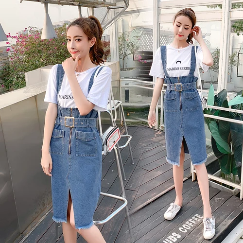 

Fashion Pocket Zip Belt Twinset Korean High Waist Letter Womens Denim Suits Chic Casual Open Side Split Two Piece Set