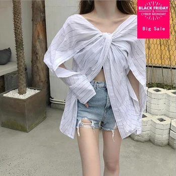 

Hot Selling bow cross full sleeve women shirts 2019 summer fashion Striped v-neck sexy female blouses girl tops clothes gx754