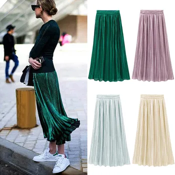 

Summer Spring 2019 Vintage Women Long Metallic Daily Maxi Pleated Skirt Solid Midi Skirt High Waist Elascity Casual Party Skirt