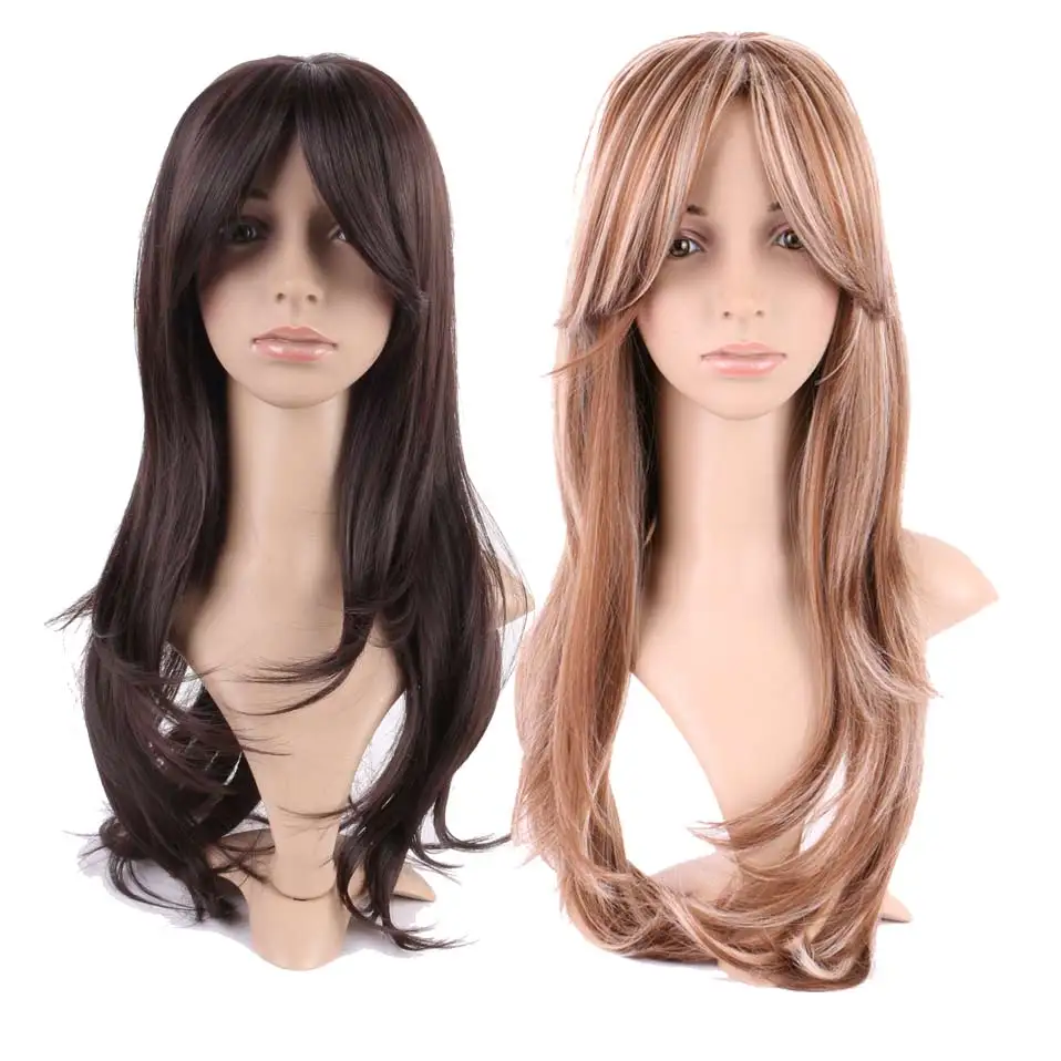 

S-noilite 18.5" None Lace Front Wigs with Bangs Long Synthetic Hair Real Thick Hair Wig for Women Heat Resistant Fiber Cheap Wig