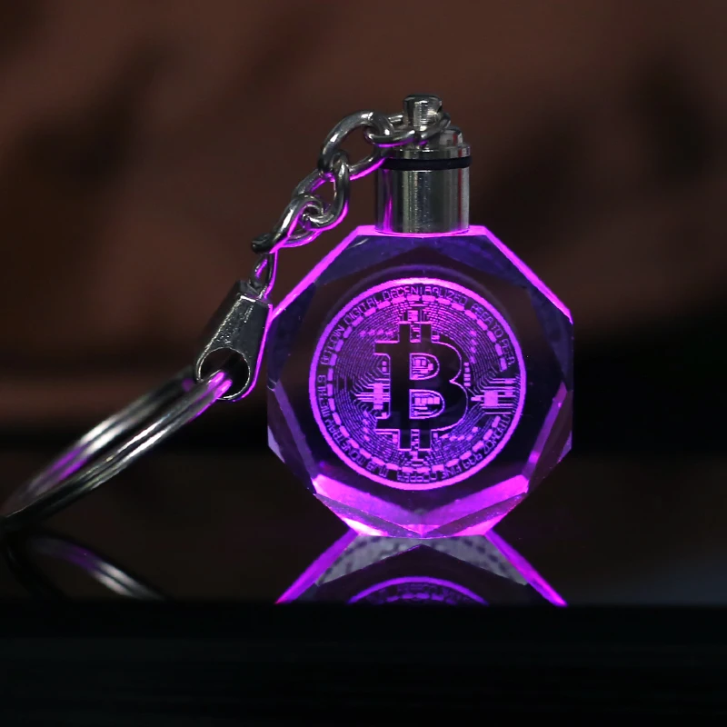 Crystal Bitcoin Keychain Laser inscribed Key Ring Colorful LED Light Key Chain Pendant Souvenir Gift