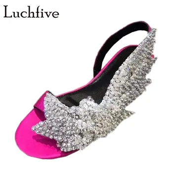 

Bling Sequins Beads Rose Red Women Sandals Classic Open Toe Slingbacks Flat Shoes Woman Runaway Summer Sandalias Mujer 2019