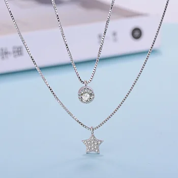 

925 Sterling Silver Crystal Star Double Layer Necklaces for Women Fashion Jewelry Pendants Wedding Choker Collar dz013