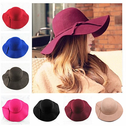 

HOT NEW British Vogue Cute Ladies Womens Wool Vintage Wide Brim Bowler Fedora Floppy Cloche Belt Hats Caps Red Blue Black