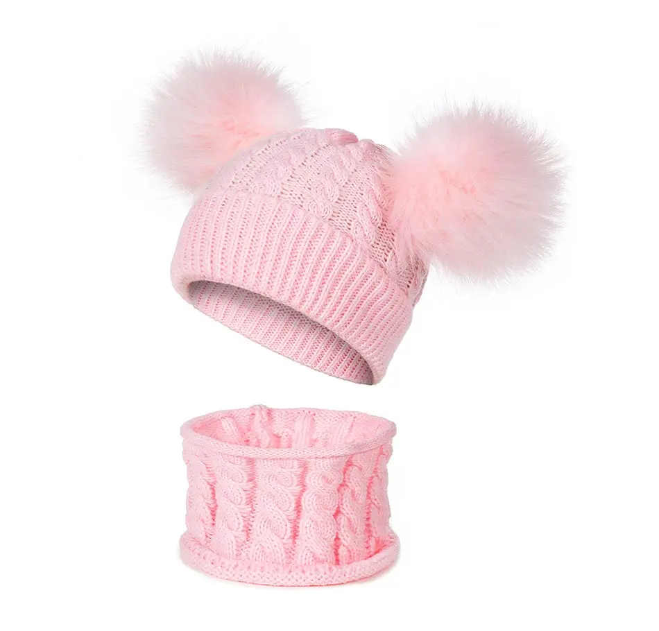 New Arrival Children Winter Thicken Braided Knitted Hat Scarf Set Solid Color Cute Fluffy Pompom Ball Beanies Scarf Set